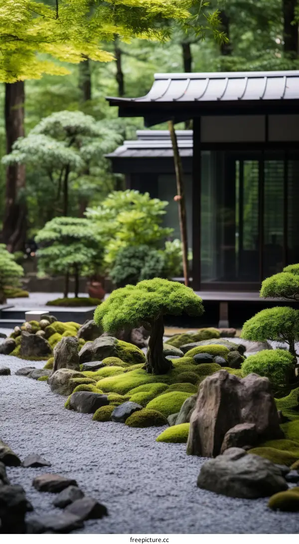 A Zen garden with a small tree, rocks, and moss