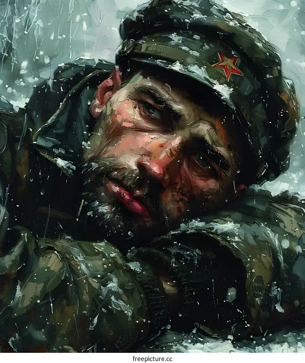 Portrait of a soldier wearing a hat with a red star