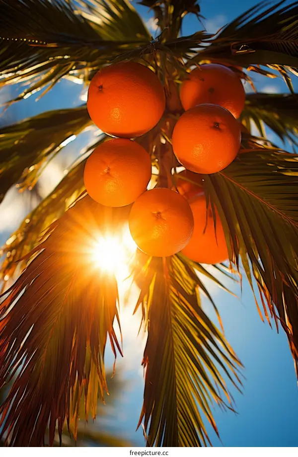 Ripe Oranges Hanging on a Palm Tree