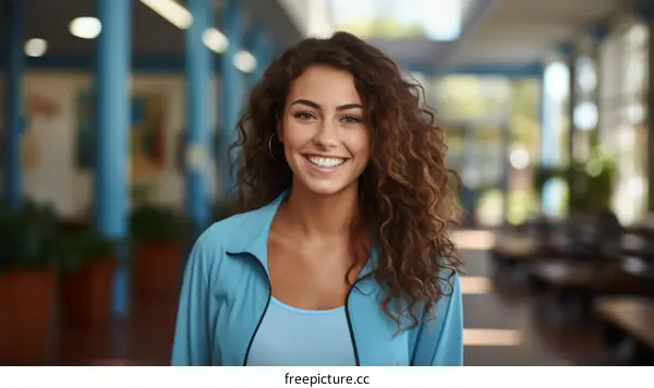 Smiling young woman with curly hair wearing a blue jacket