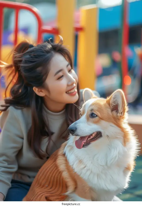 Asian woman sitting on the ground with a corgi dog