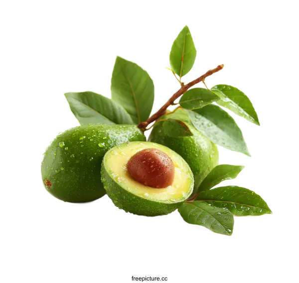 [Transparent Background PNG]Fresh Avocado with Leaves and Water Drops