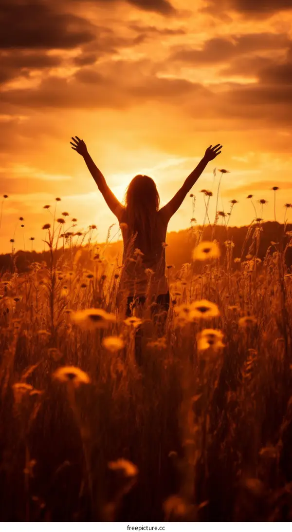 girl raising her hands in a field of flowers at sunset