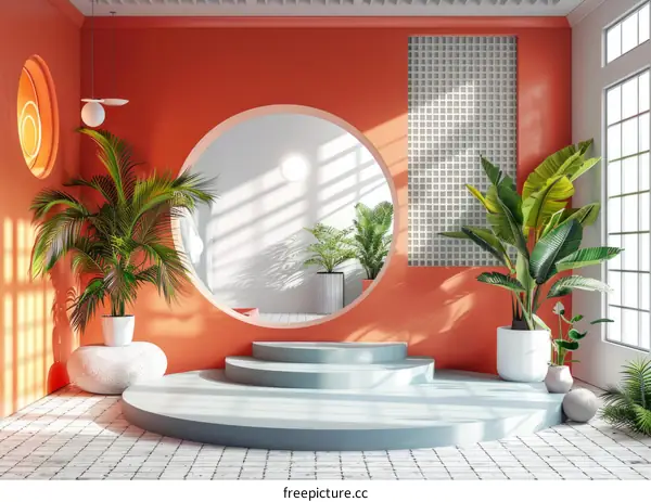 3D Rendered Room with Stage and Plants