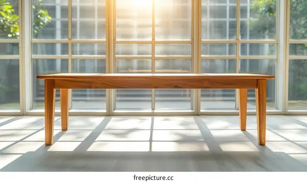An empty wooden table in a sunlit room