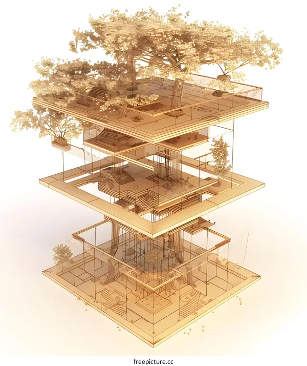 Architectural Design with Trees and Glass Panels