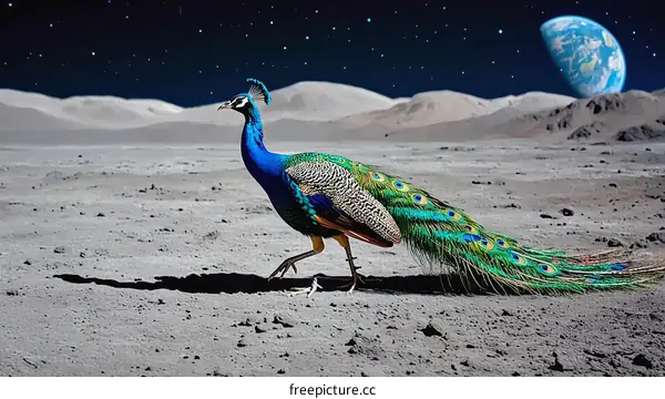 Peacock on the Lunar Surface at Night