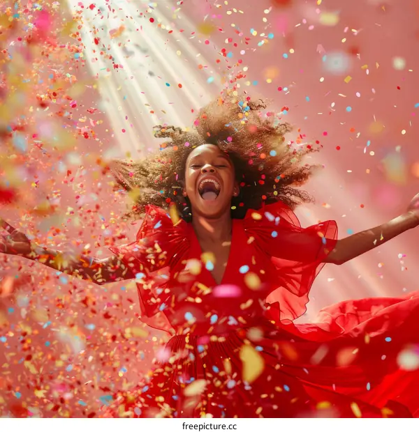 A young girl in a red dress is jumping in the air while confetti falls around her.