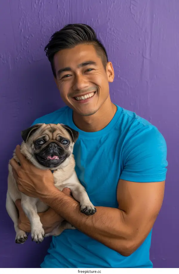A smiling man holding a pug dog