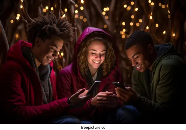Three teenagers sitting in a dark room looking at their phones