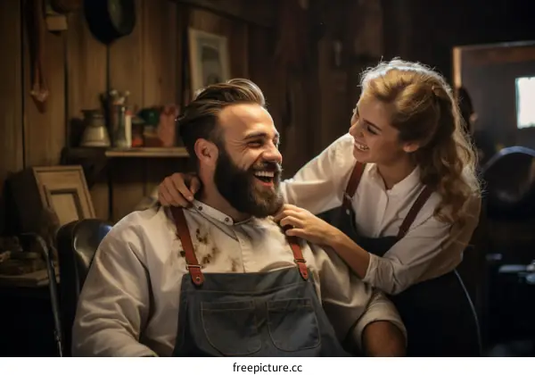 Bearded man getting his hair cut by a smiling woman