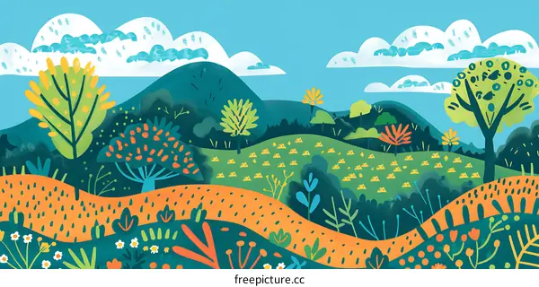Colorful Illustration of Landscape with Hills, Trees and Clouds