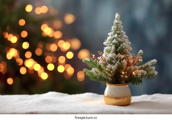 Snowy Christmas Miniature Tree Decorated with Lights