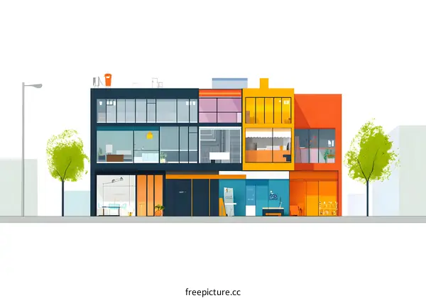 Modern Building with Colorful Windows and Interior Design