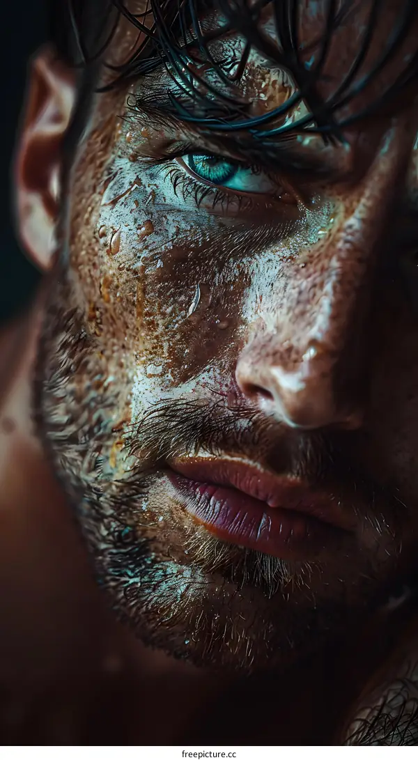 Portrait of a wet male model with blue eyes and dark hair