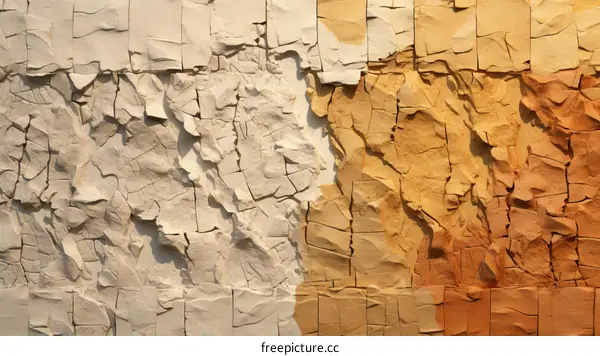 Close-up image of a cracked, three-tone, tiled wall