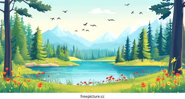 Mountain Lake Landscape Illustration