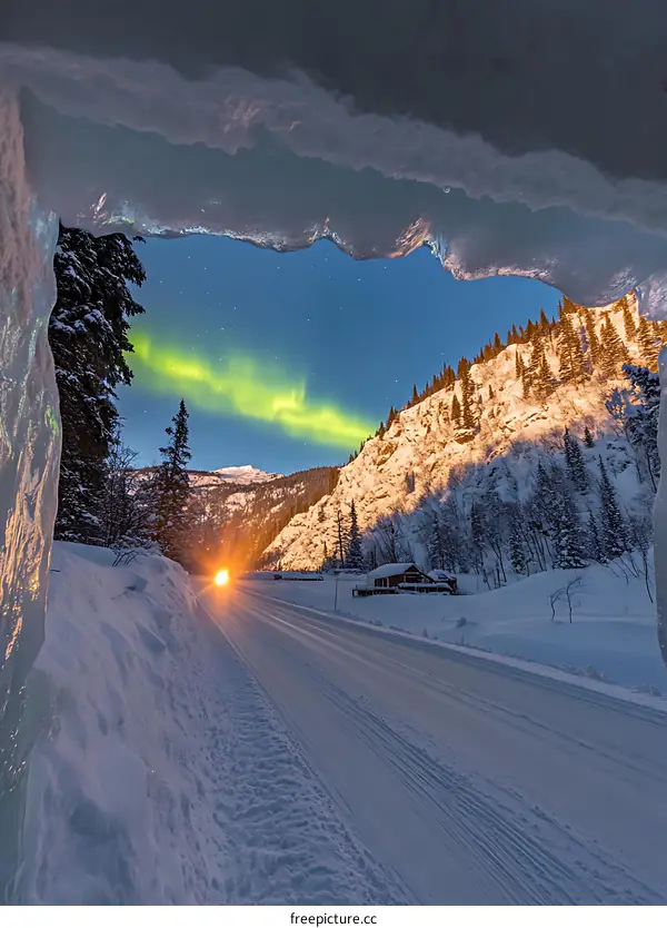 Snowy Road With Northern Lights and Mountain View