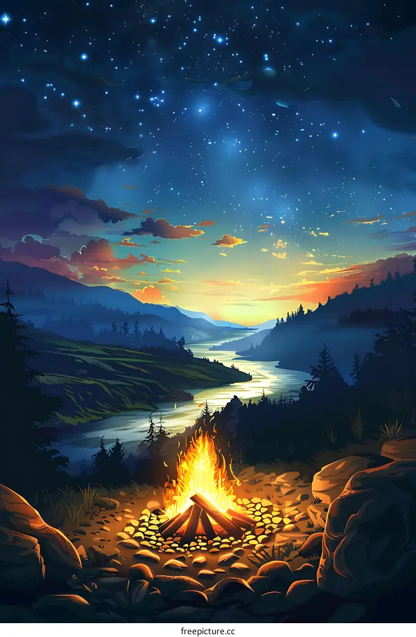 Night Sky with Campfire in Mountains
