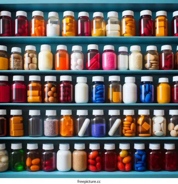 A variety of colorful pills and tablets on blue shelves in a pharmacy