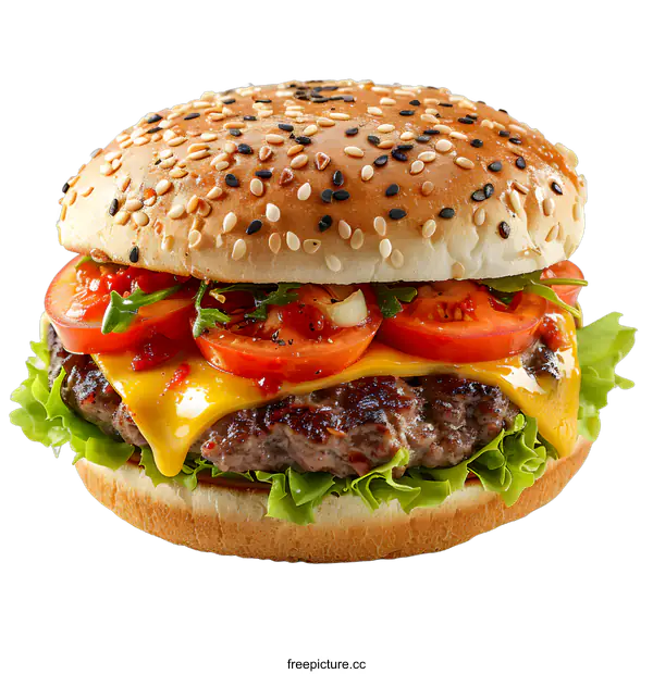 [Transparent Background PNG]Juicy Cheeseburger with Sesame Seed Bun