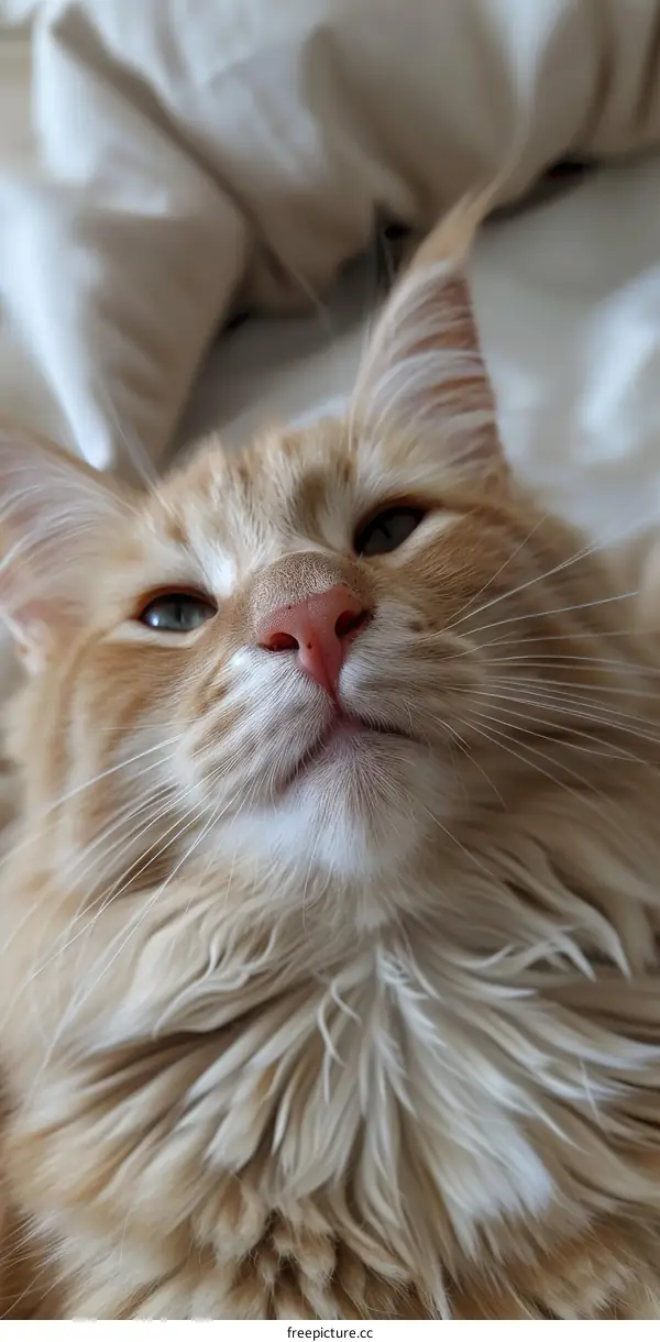 A ginger cat is lying on a white blanket