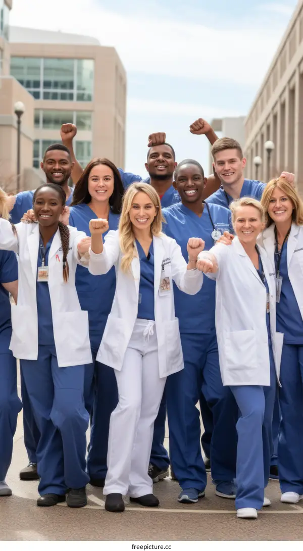 A group of diverse medical professionals in scrubs and lab coats are posing outside of a hospital. They are all smiling and cheering.