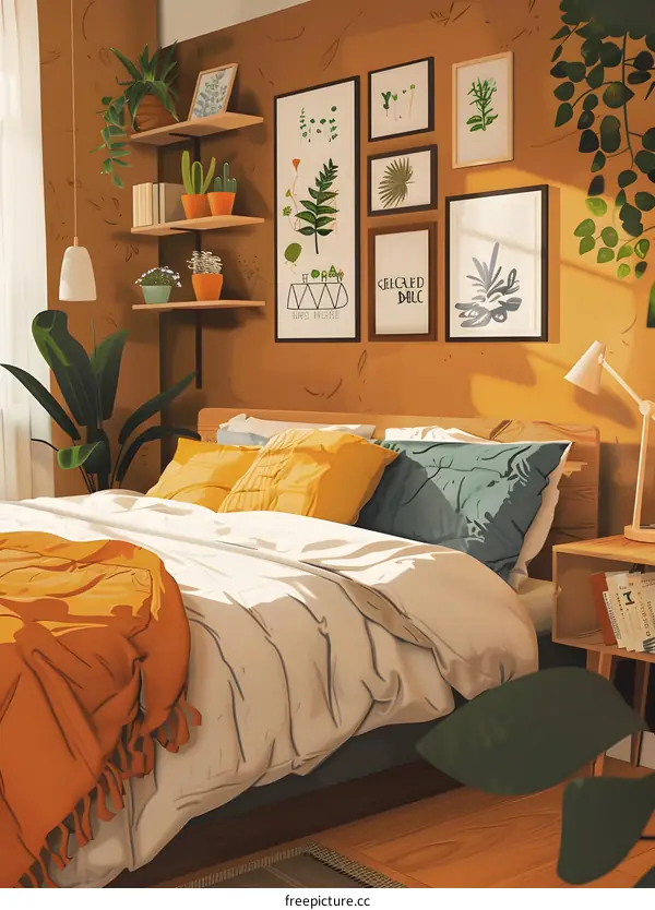 Cozy Bedroom with Plants and Art Decor