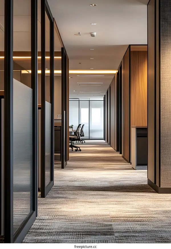 Modern Office Corridor Interior Design With Glass Walls And Wood Panels