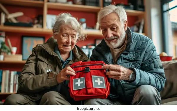 An elderly couple is looking at a first aid kit.
