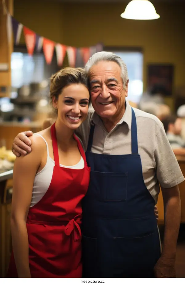 Portrait of a young woman and an old man smiling in a restaurant
