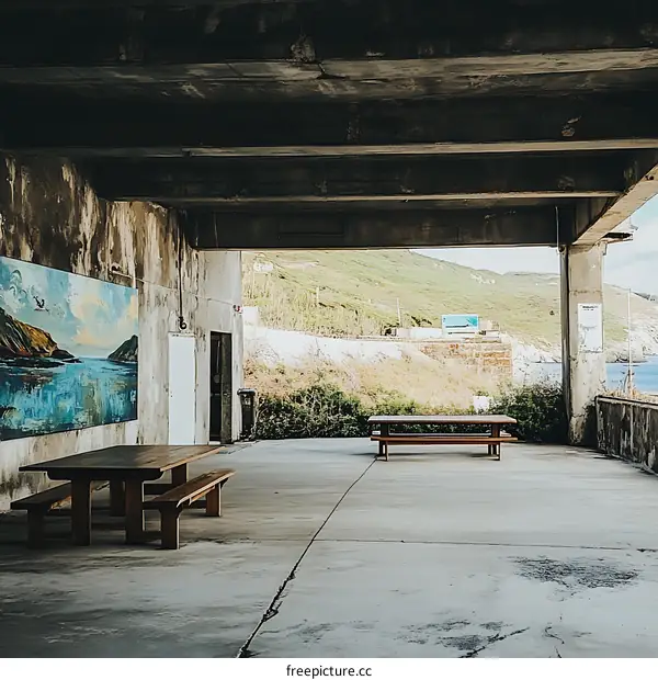 Concrete Patio Underneath Overhanging Structure with Painting of Landscape