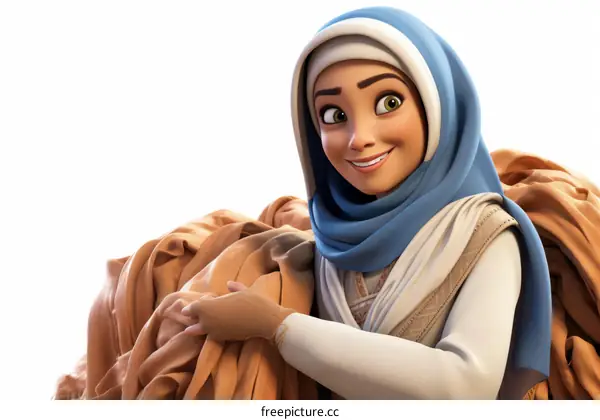 Hopeful Refugee Woman Holding Blankets