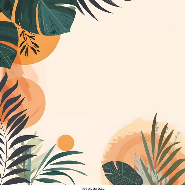 Tropical Leaves and Orange Circles Background Design