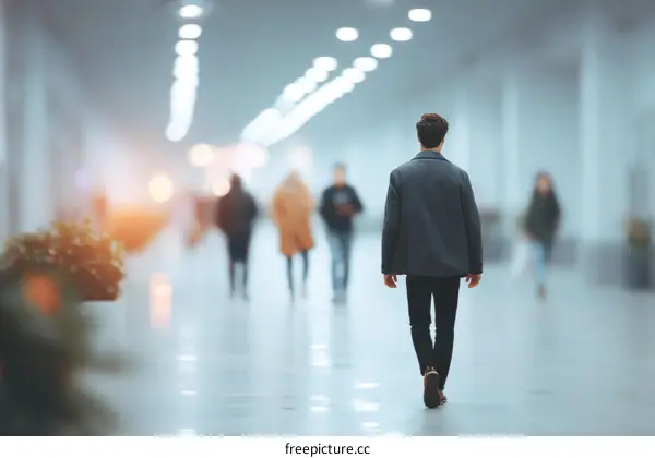 Indoor hallway scene with blurred people walking