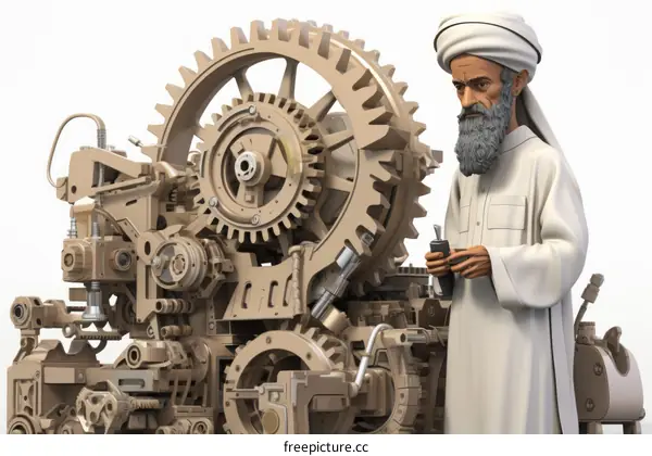 An illustration of a man in a turban standing next to a large machine.