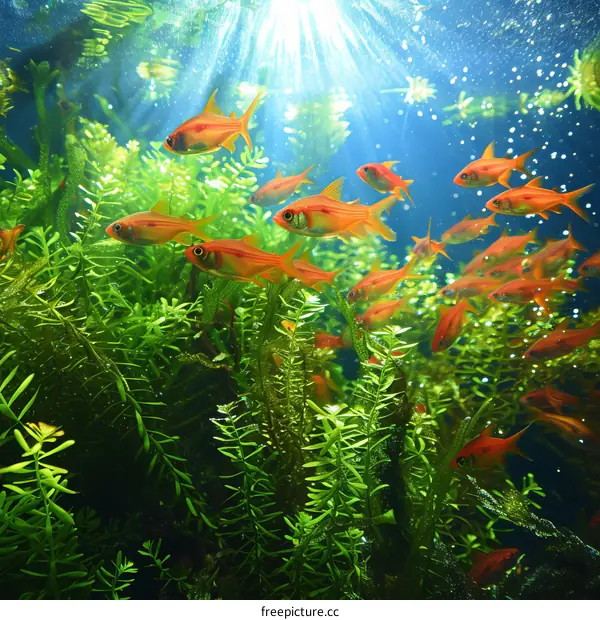 A school of orange fish swim near the surface of a freshwater pond