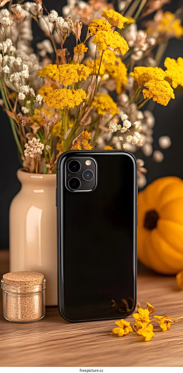 Black Smartphone With Dried Flowers And Pumpkin On Wooden Table