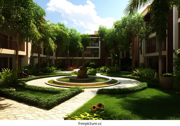 Tropical Courtyard with Fountain and Lush Greenery