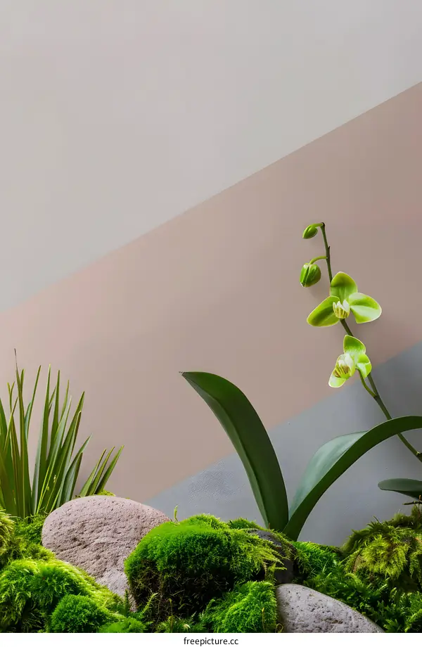 Green Orchid and Moss on a Pink and Grey Background