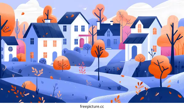 Autumn Landscape with Small Houses and Trees