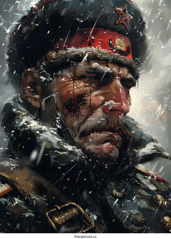 Portrait of a Russian soldier in a fur hat