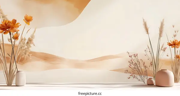 Abstract Watercolor Background With Dried Flowers And Vases