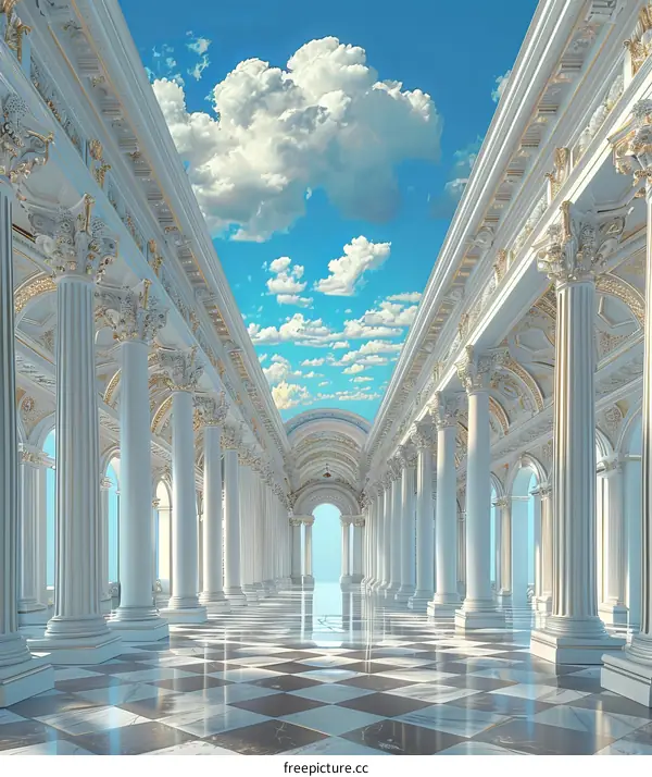 Marble Corridor with Blue Sky and Clouds