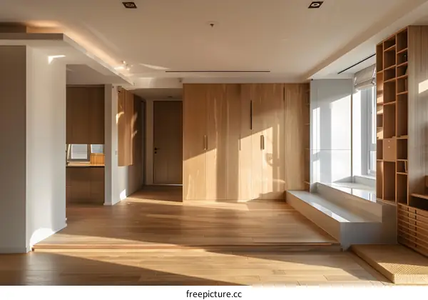 Modern Minimalist Apartment Interior Design With Wooden Flooring And Cabinetry