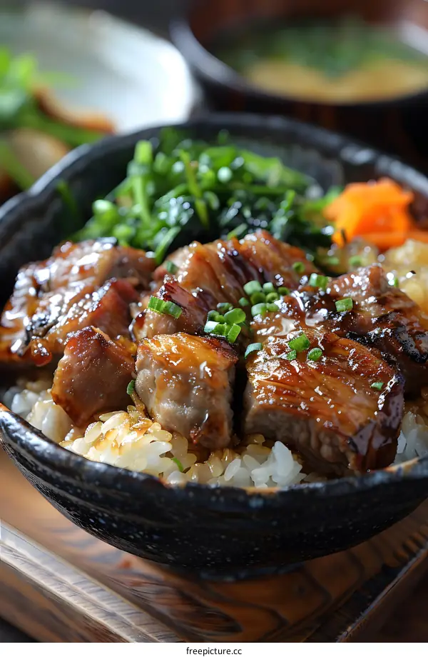 A delicious bowl of Japanese beef rice with spring onion