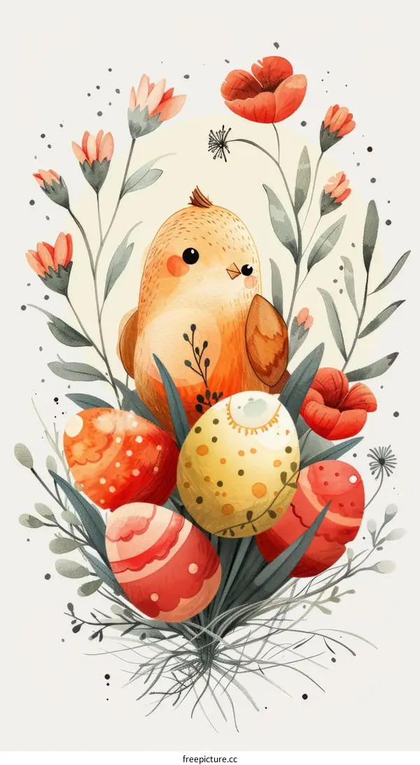 Cute Bird on a Nest of Easter Eggs