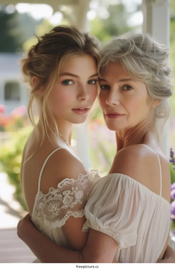 A mother and daughter with blonde and gray hair are posing together outside. The daughter is wearing a white dress with lace sleeves and the mother is wearing a white dress with a tulle skirt.