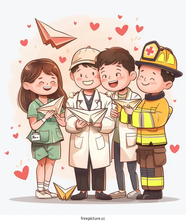 Four people in uniforms holding paper planes