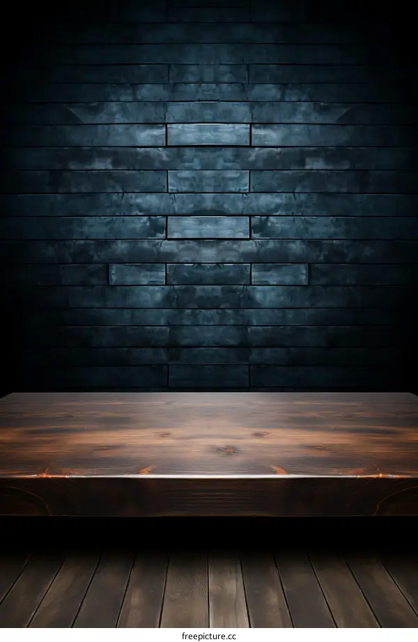 Dark blue brick wall with wooden table